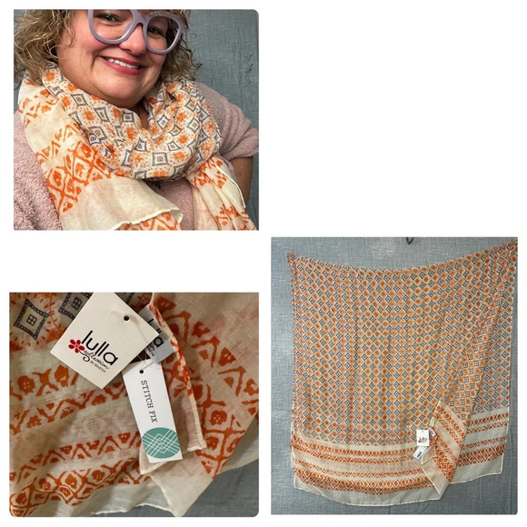 lulla Accessories - Lulla gauze extra larger scarf orange beige and blue measures 34ish” by 70ish